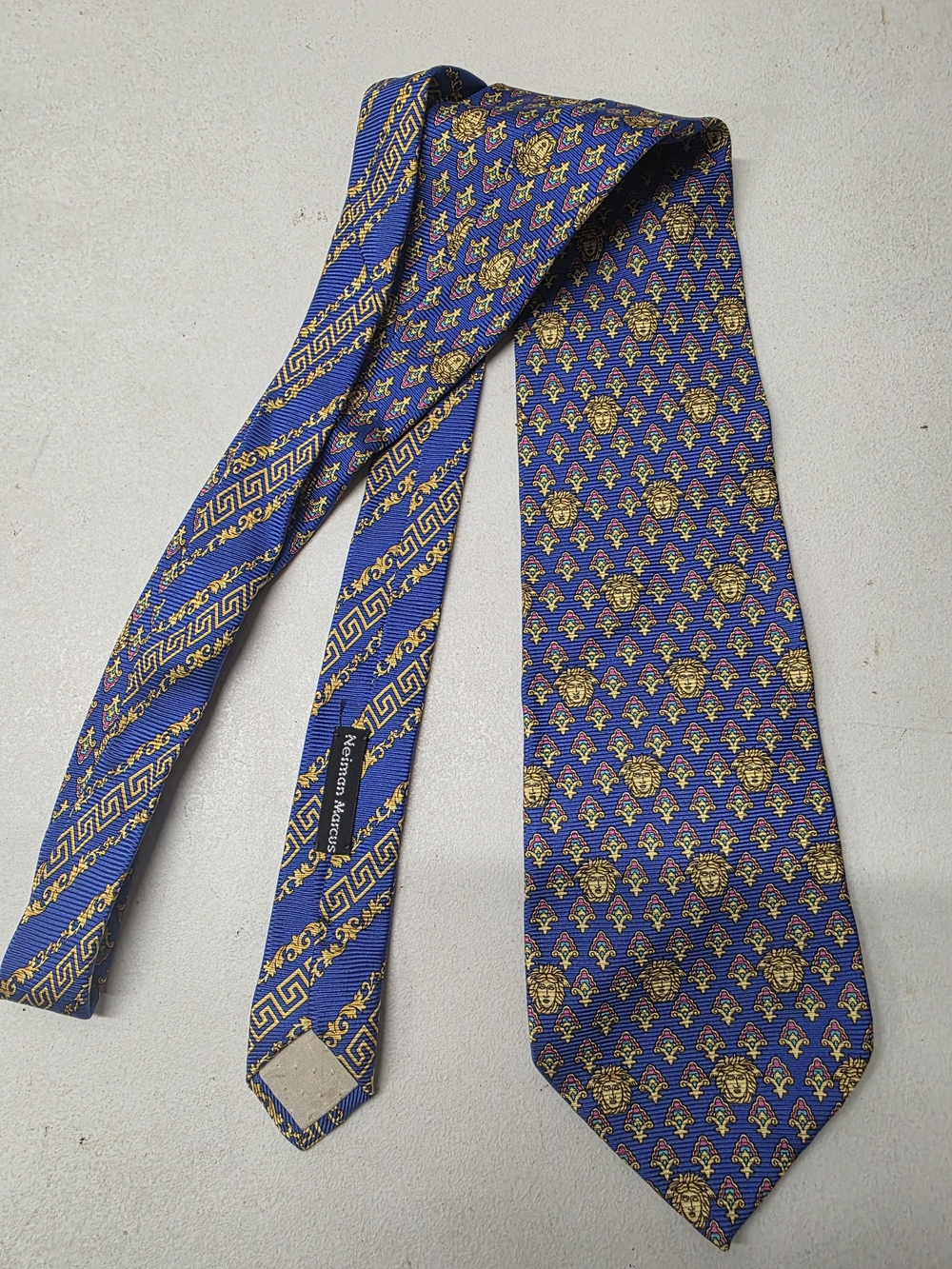 Vintage Gianni Versace 100% Silk Tie Blue Medusa Greek Key Made Italy